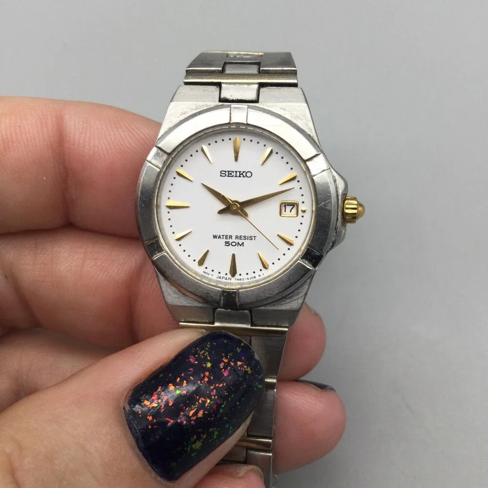 Seiko Womens Watch 25mm White Dial Stainless Date 7N82-6F50 New Battery 6
